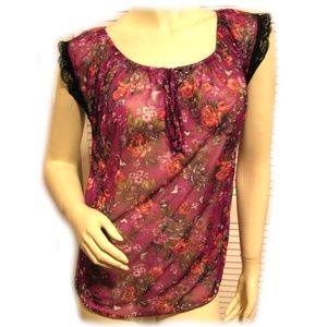 Vintage Y2K 90s Self Esteem Sheer Top S Floral Lace Trim Purple Boho Femme Fairy